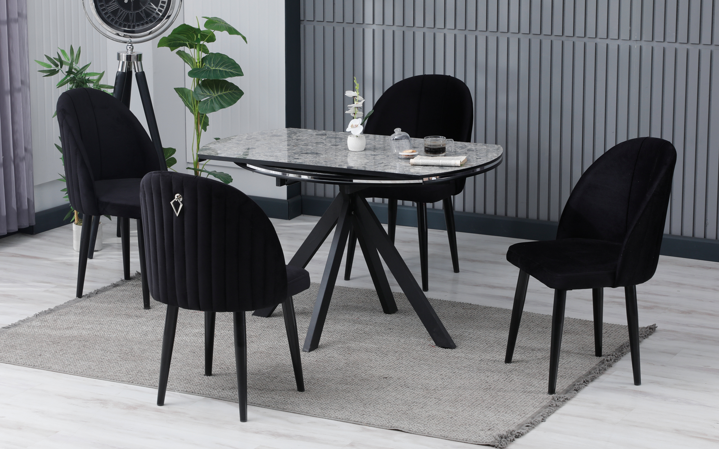 Masa dining /extensibila/ Frances, marmura gri + negru  1